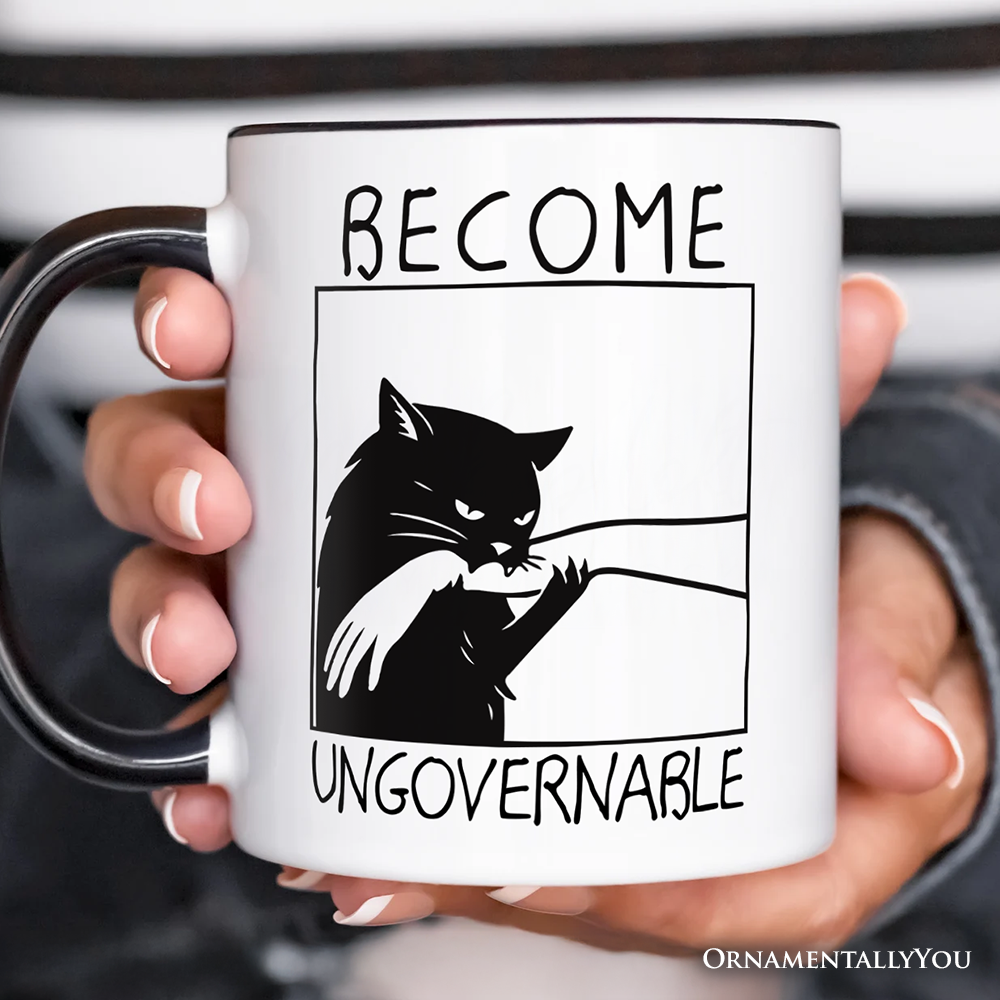 Become Ungovernable Black Cat Personalized Mug, Bites Hand Humorous Meme Gift with Custom Name