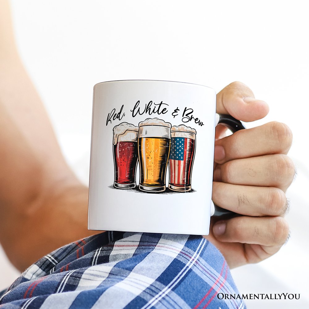 Red White and Brew Beer American Personalized Mug, Patriotic USA 4th of July Gift with Custom Name Personalized Ceramic Mug OrnamentallyYou 
