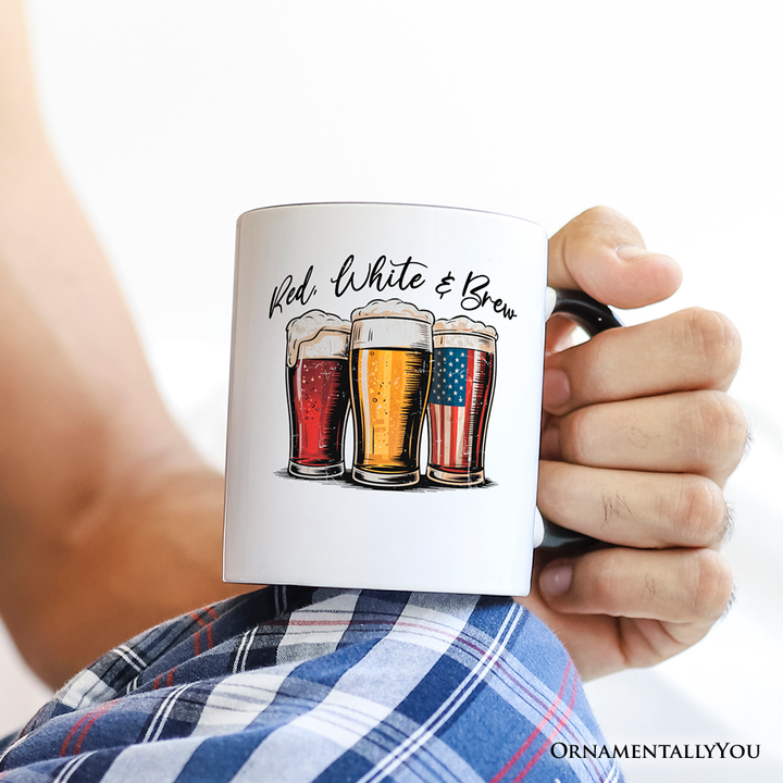 Red White and Brew Beer American Personalized Mug, Patriotic USA 4th of July Gift with Custom Name