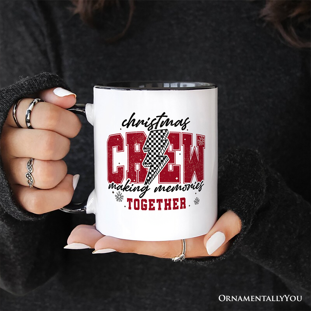 Christmas Crew Making Memories Together Personalized Mug, Checkered Lightning Retro Holiday Gift with Custom Name