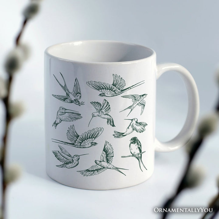 Retro Birds Nature Personalized Mug, Vintage Green Bird Illustration Gift with Custom Name Personalized Ceramic Mug OrnamentallyYou 