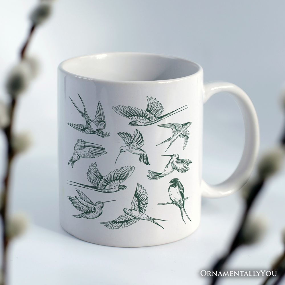 Retro Birds Nature Personalized Mug, Vintage Green Bird Illustration Gift with Custom Name