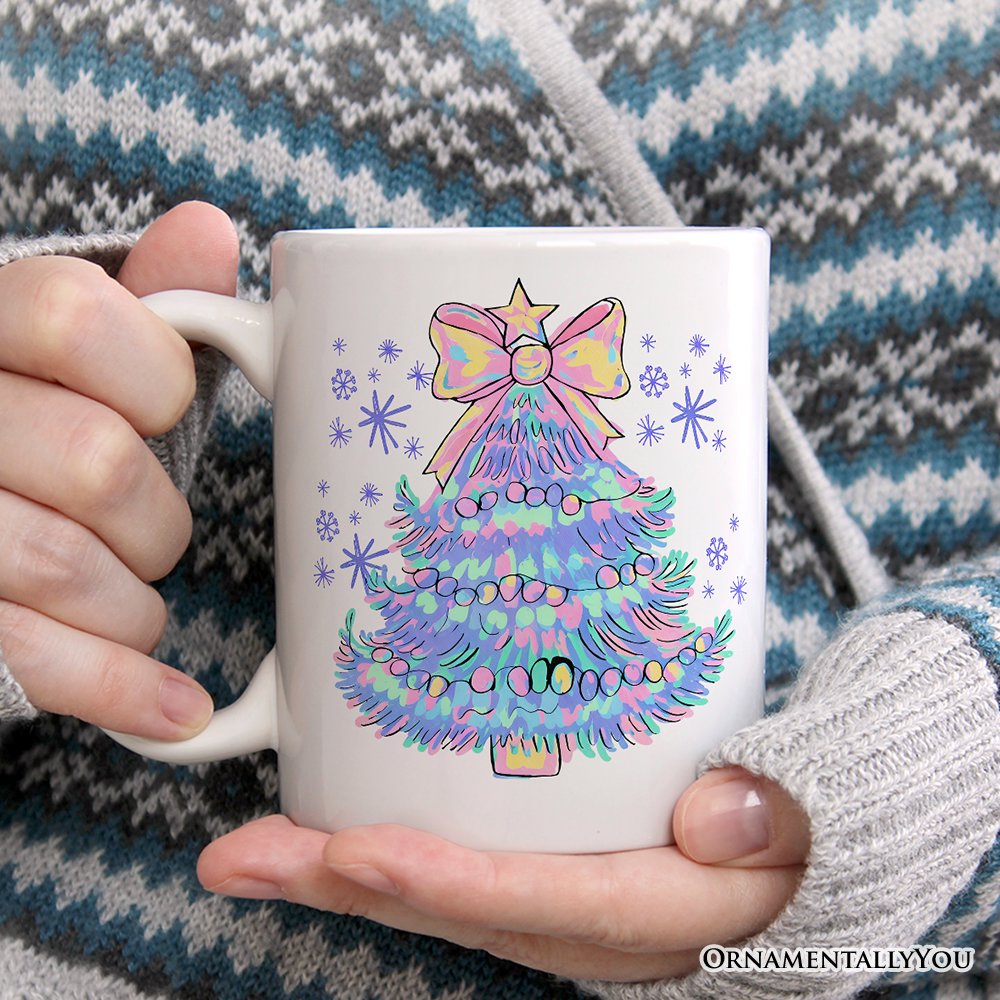 Light Blue Christmas Tree Bow Personalized Mug, Coquette Colorful Holiday Gift with Custom Name Personalized Ceramic Mug OrnamentallyYou 