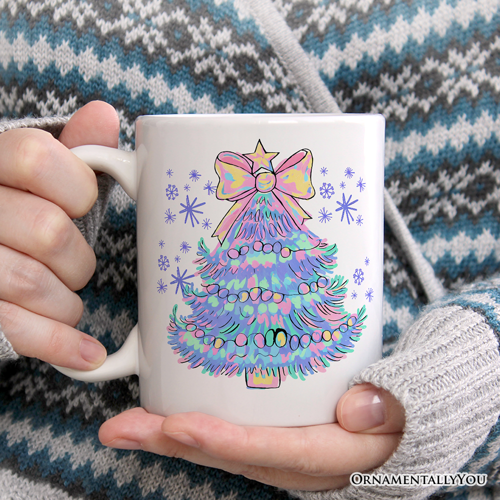 Light Blue Christmas Tree Bow Personalized Mug, Coquette Colorful Holiday Gift with Custom Name