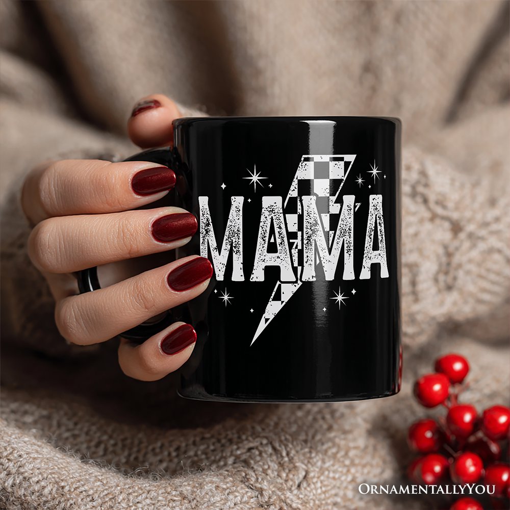 Checkered Lightning Bolt Mama Personalized Mug, Vintage Retro Black and White Gift with Custom Name for Energetic Moms Personalized Ceramic Mug OrnamentallyYou 