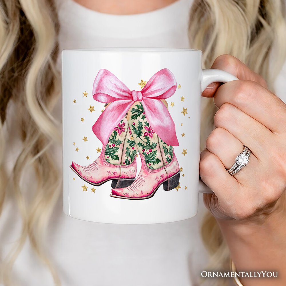 Pink Western Coquette Cowgirl Boots Personalized Mug, Country Holiday Gift with Custom Name Personalized Ceramic Mug OrnamentallyYou 