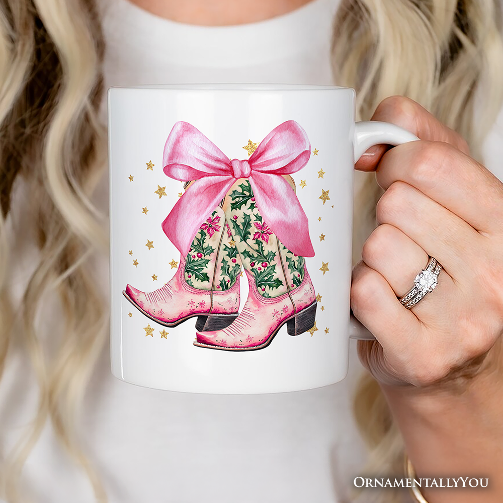 Pink Western Coquette Cowgirl Boots Personalized Mug, Country Holiday Gift with Custom Name