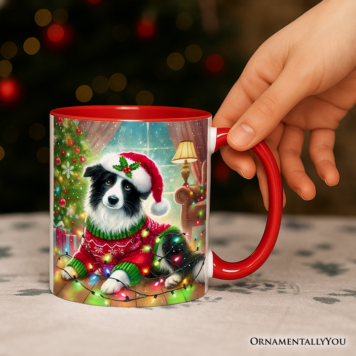Playful Border Collie with Santa Hat Personalized Mug, Festive Canine Christmas Gift with Custom Name