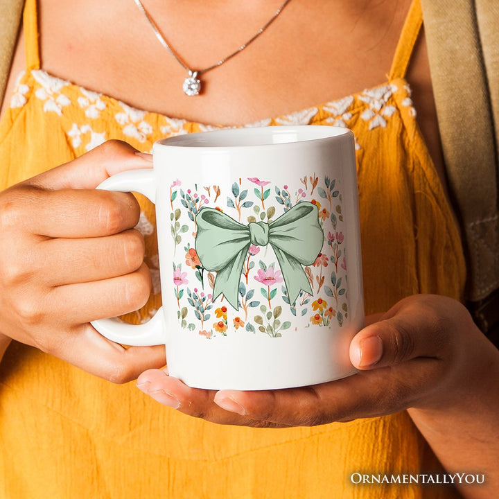 Floral Coquette Bow Personalized Mug, Cute Spring Preppy Girly Flowers Gift with Custom Name Personalized Ceramic Mug OrnamentallyYou 