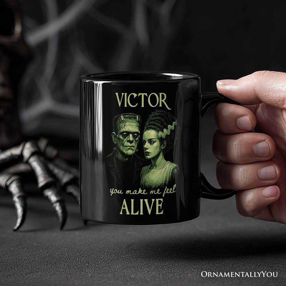 Frankenstein And Bride You Make Me Feel Alive Personalized Mug, Valentine Retro Horror Couples Love Gift with Custom Name