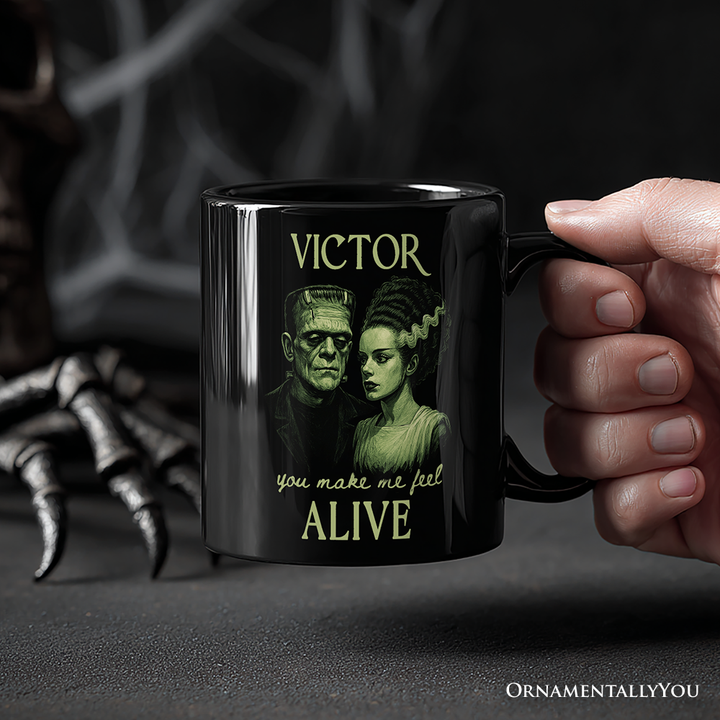 Frankenstein And Bride You Make Me Feel Alive Personalized Mug, Valentine Retro Horror Couples Love Gift with Custom Name