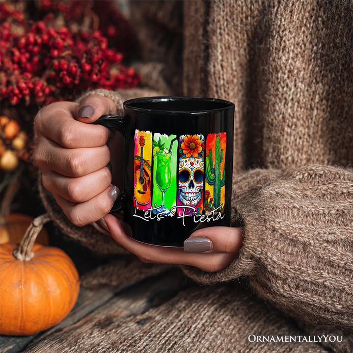 Cinco De Mayo Brushstroke Mexican Mug, Let’s Fiesta Guitar Margarita Skull Cactus Gift