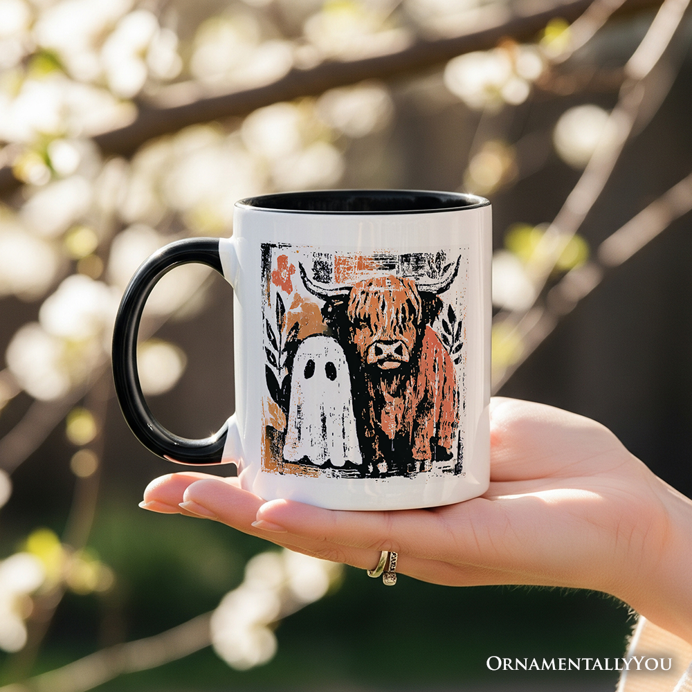 Highland Cow Ghost Fall Personalized Mug, Spooky Season Halloween Gift with Custom Name