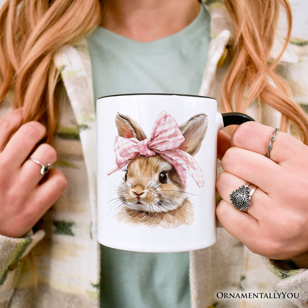 Easter Bunny Coquette Pink Bow Personalized Mug, Cute Watercolor Spring Gift with Custom Name Personalized Ceramic Mug OrnamentallyYou 
