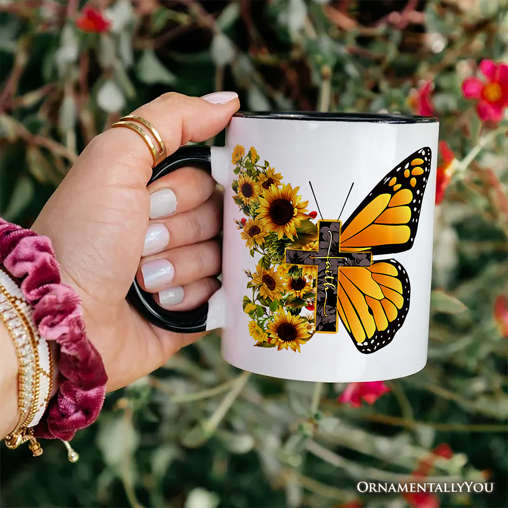 Faith Cross Butterfly Mug, Christian Sunflower Floral Gift