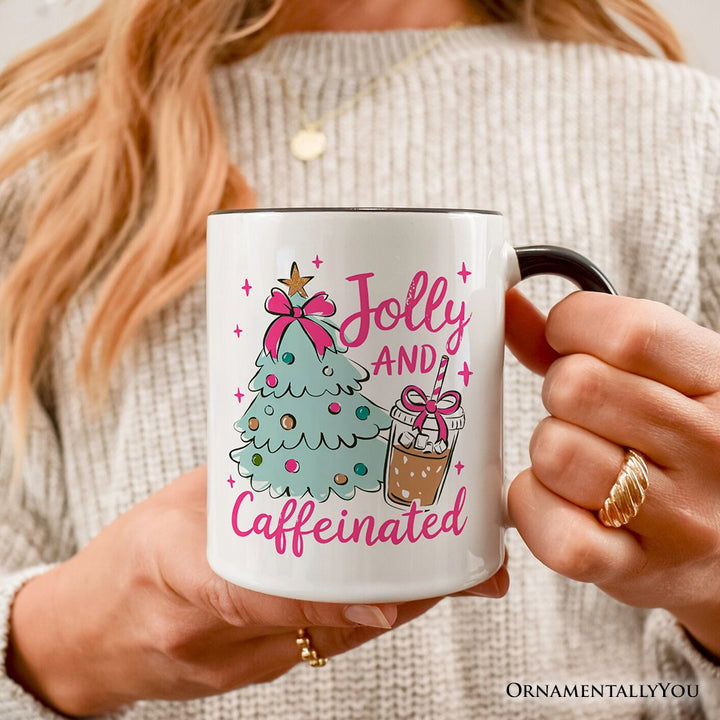 Jolly and Caffeinated Christmas Personalized Mug, Retro Coquette Coffee Holiday Gift with Custom Name Personalized Ceramic Mug OrnamentallyYou 