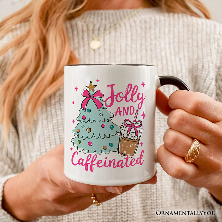 Jolly and Caffeinated Christmas Personalized Mug, Retro Coquette Coffee Holiday Gift with Custom Name