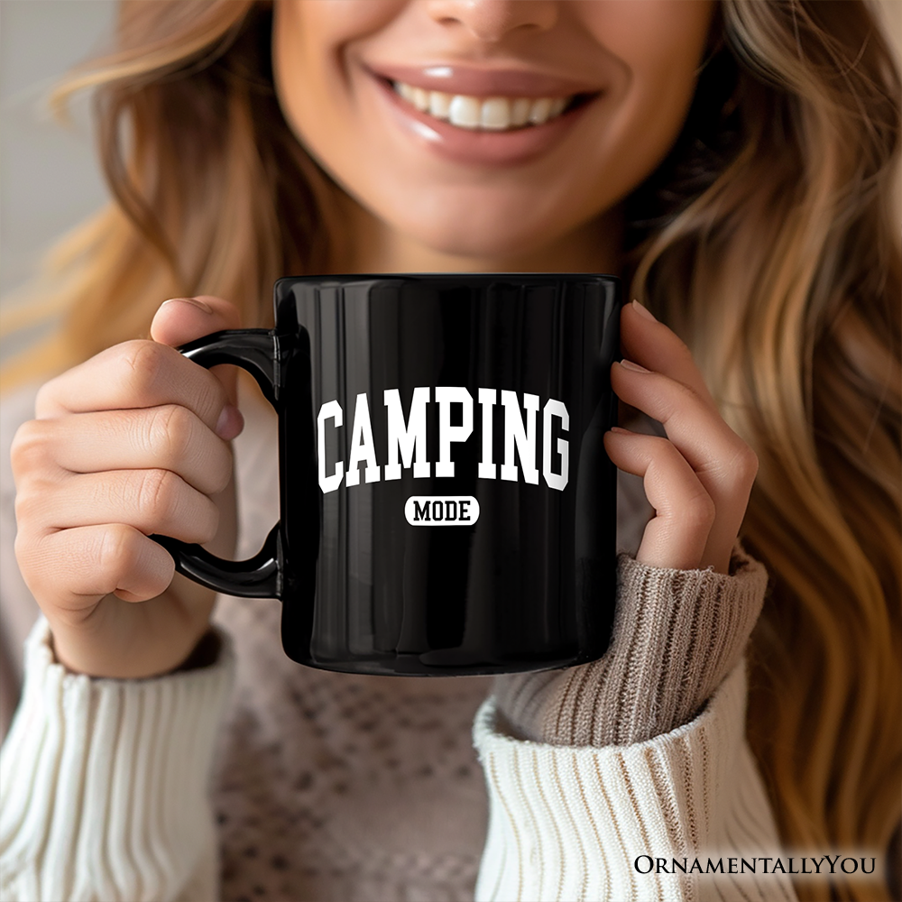Camping Mode Varsity Mug, Minimalist Outdoors Gift