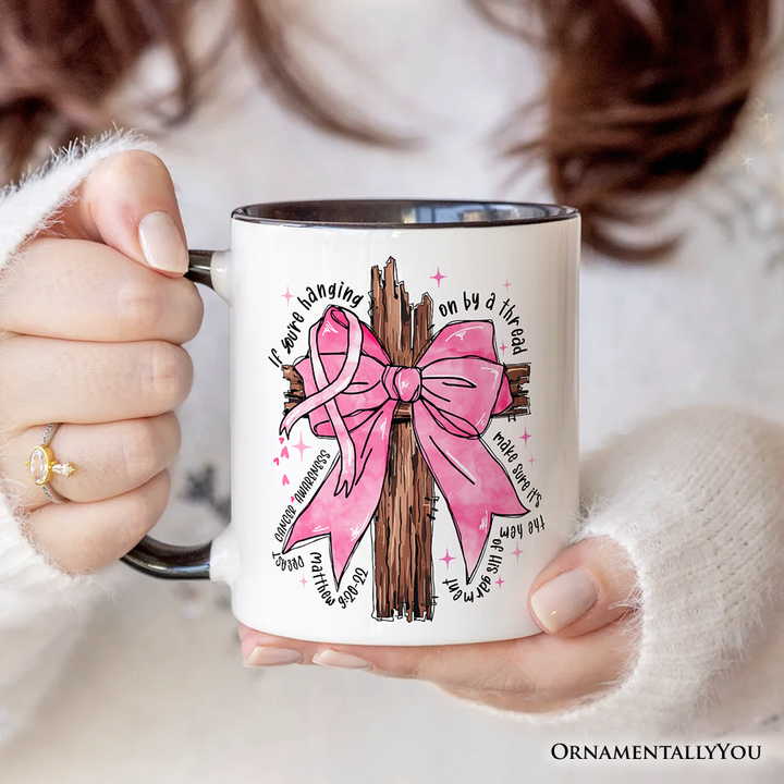 Breast Cancer Pink Bow Cross Personalized Mug, Awareness Faith Christian Gift with Custom Name
