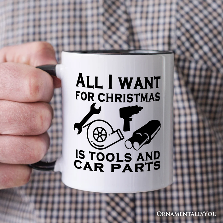 Mechanic Tools & Car Parts Christmas Personalized Mug, All I Want for Christmas Garage Quote Gift with Custom Name