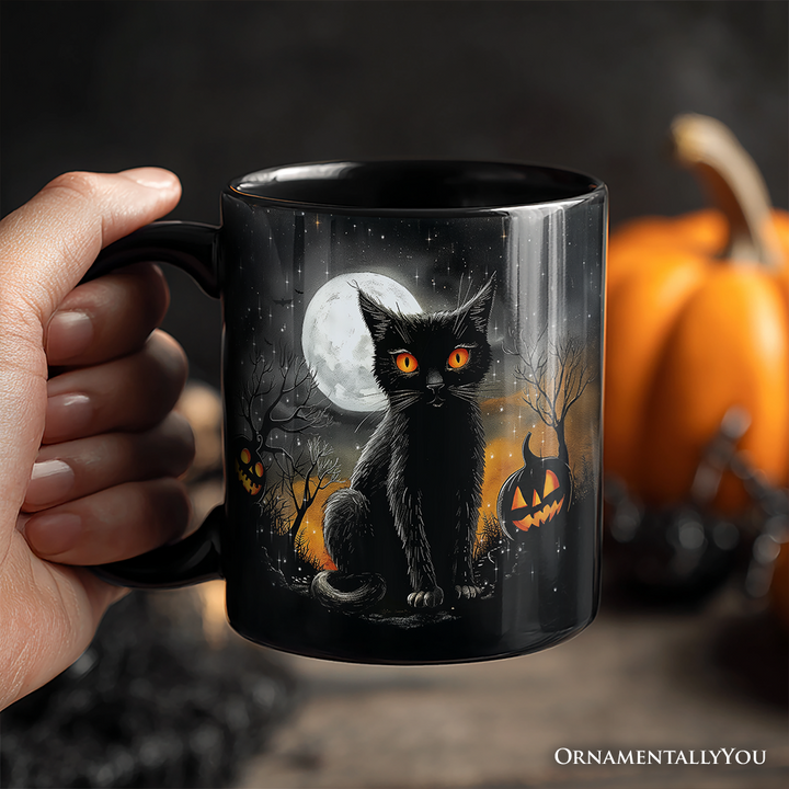 Cat Night Halloween Personalized Mug, Spooky Horror Gift with Custom Name