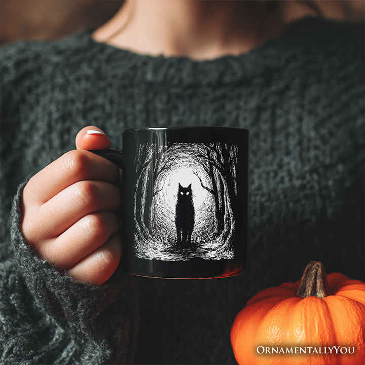 Haunted Forest Black Cat Personalized Mug, Spooky Halloween Night Gift with Custom Name
