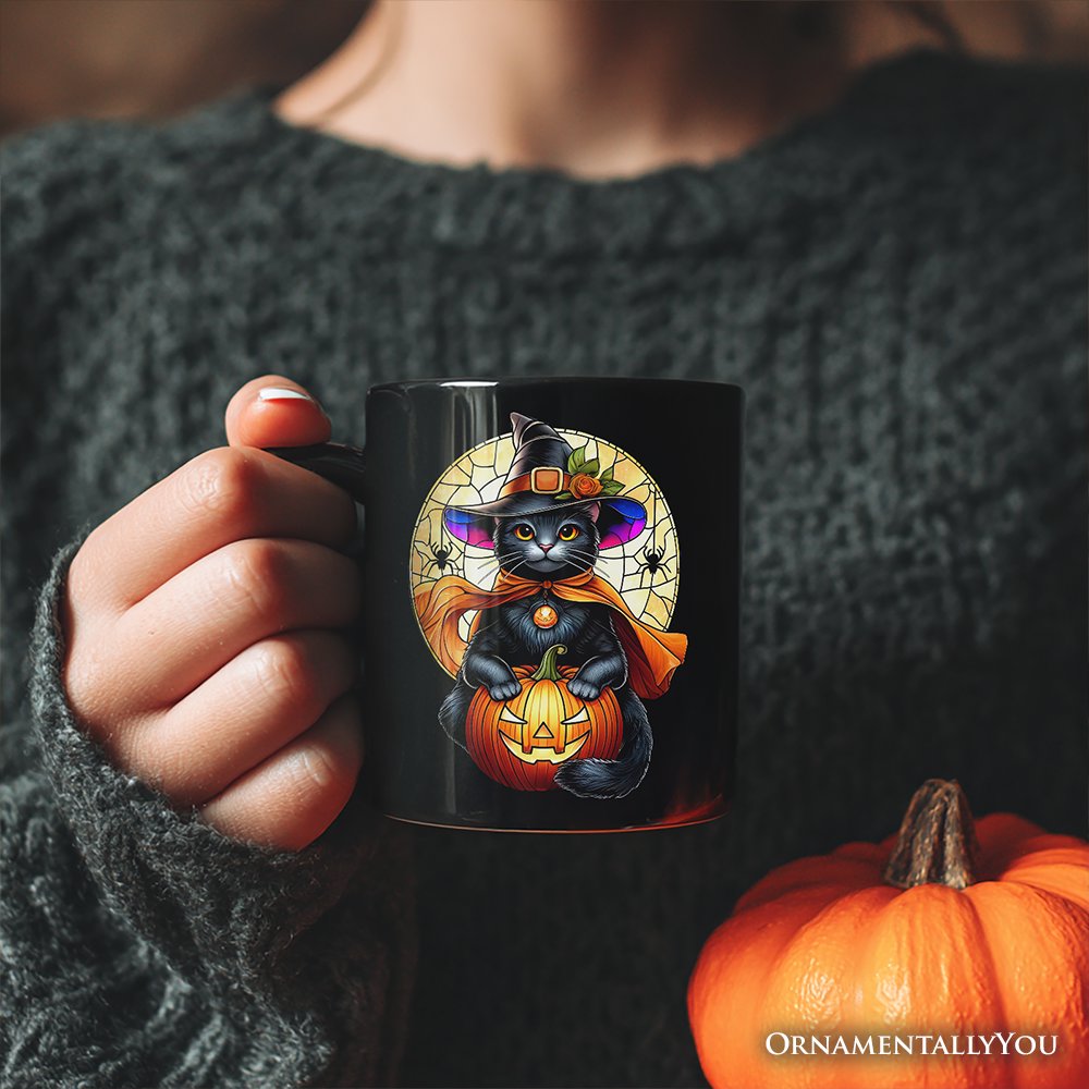 Enchanted Cat Witch Stained Glass Style Personalized Mug, Halloween Themed Gift with Custom Name Personalized Ceramic Mug OrnamentallyYou 
