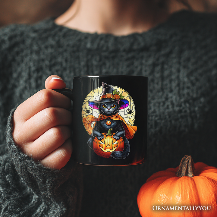 Enchanted Cat Witch Stained Glass Style Personalized Mug, Halloween Themed Gift with Custom Name