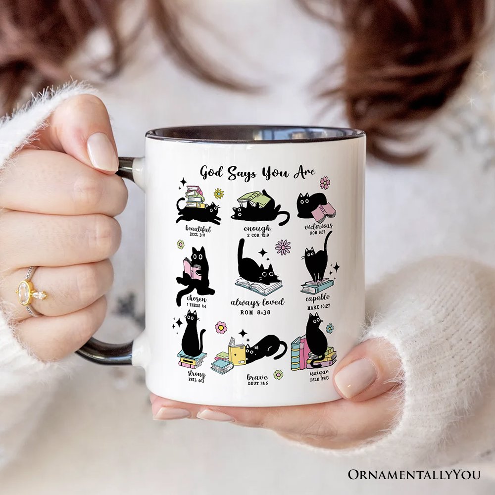 Book Cat God Says I Am Mug, Christian Bible Verse Faith Gift Personalized Ceramic Mug OrnamentallyYou 