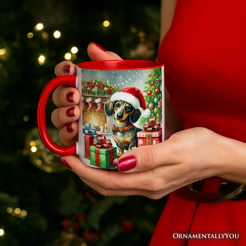 Festive Dachshund Delight Personalized Mug, Joyful Christmas Gift with Custom Name