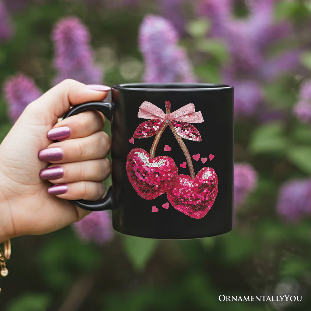 Sequin Pink Cherry Heart Valentine Personalized Mug, Mood for Love Coquette Gift with Custom Name