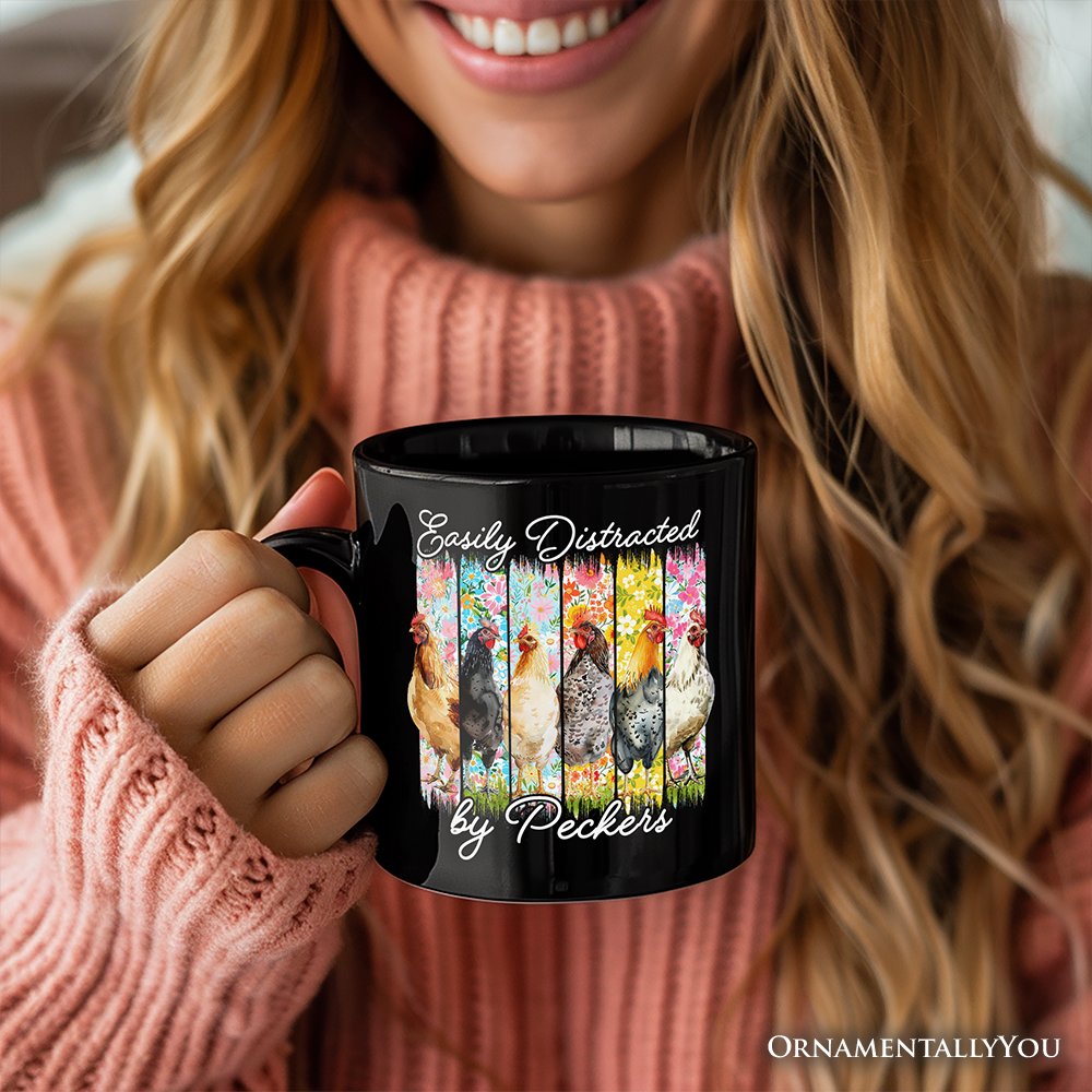 Easily Distracted by Peckers Chicken Farm Personalized Mug, Funny Floral Farmlife Brushstroke Gift with Custom Name Personalized Ceramic Mug OrnamentallyYou 