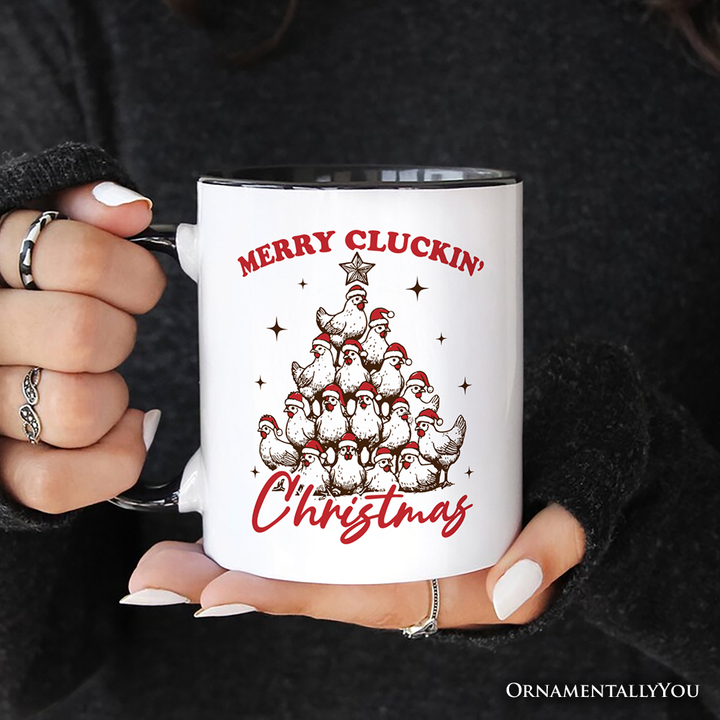 Merry Cluckin' Christmas Tree Personalized Mug, Funny Santa Hat Chicken Farmhouse Gift with Custom Name