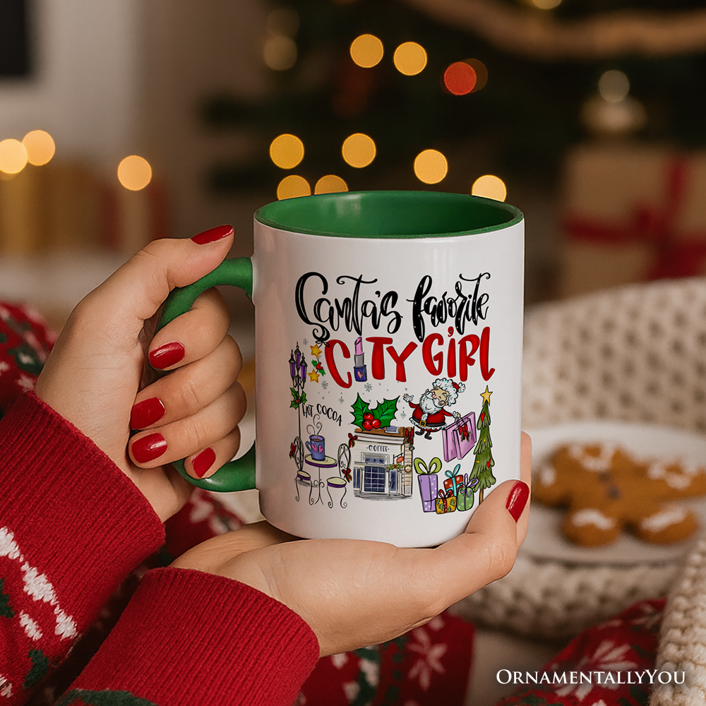 Santa's Favorite City Girl Personalized Mug, Urban Lifestyle Christmas Gift with Custom Name