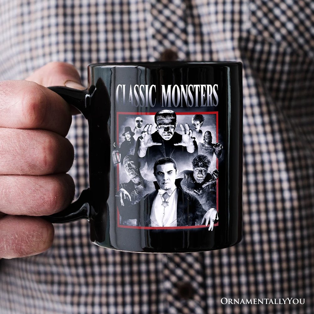 Classic Monsters Black and White Personalized Mug, Retro Vintage Horror Gift with Custom Name Personalized Ceramic Mug OrnamentallyYou 