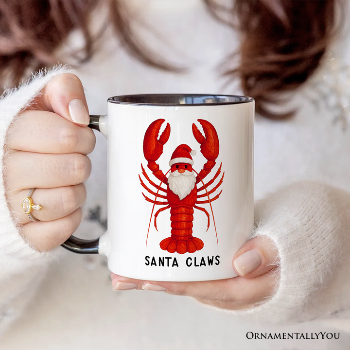Santa Claws Lobster Personalized Mug, Funny Pun Coastal Christmas Holiday Gift with Custom Name