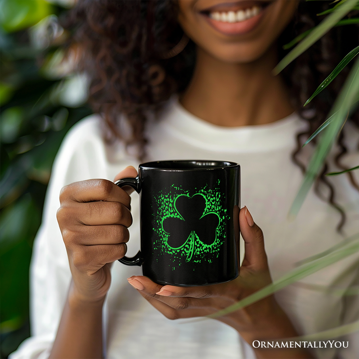 Splatter Shamrock Silhouette St Patrick’s Day Personalized Mug, Retro Lucky Clover Gift with Custom Name