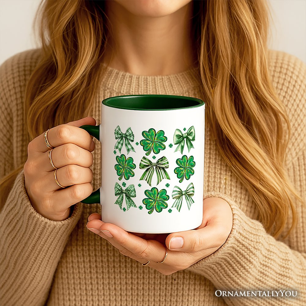 Coquette Clover Bows St Patrick’s Day Personalized Mug, Green Irish Lucky Shamrock Gift with Custom Name Personalized Ceramic Mug OrnamentallyYou 