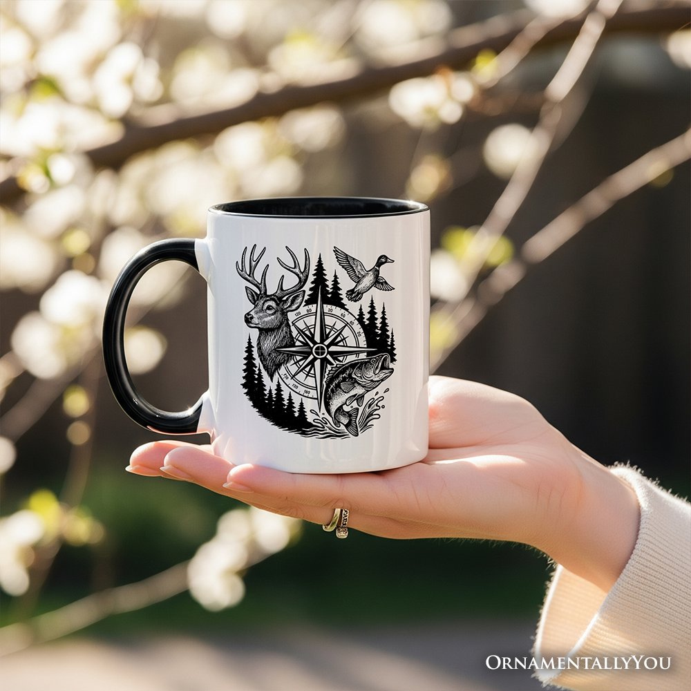 Deer Duck Fishing Hunting Personalized Mug, Camo Vintage Compass Outdoors Gift with Custom Name Personalized Ceramic Mug OrnamentallyYou 