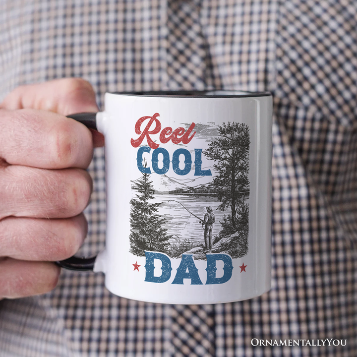 Reel Cool Dad Fishing Personalized Mug, Funny Vintage Fisherman Fatherhood Gift with Custom Name