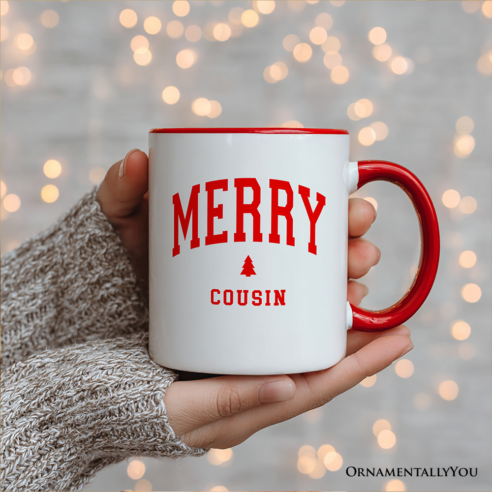 Merry Cousin Retro Christmas Personalized Mug, Matching Family Holiday Gift with Custom Name