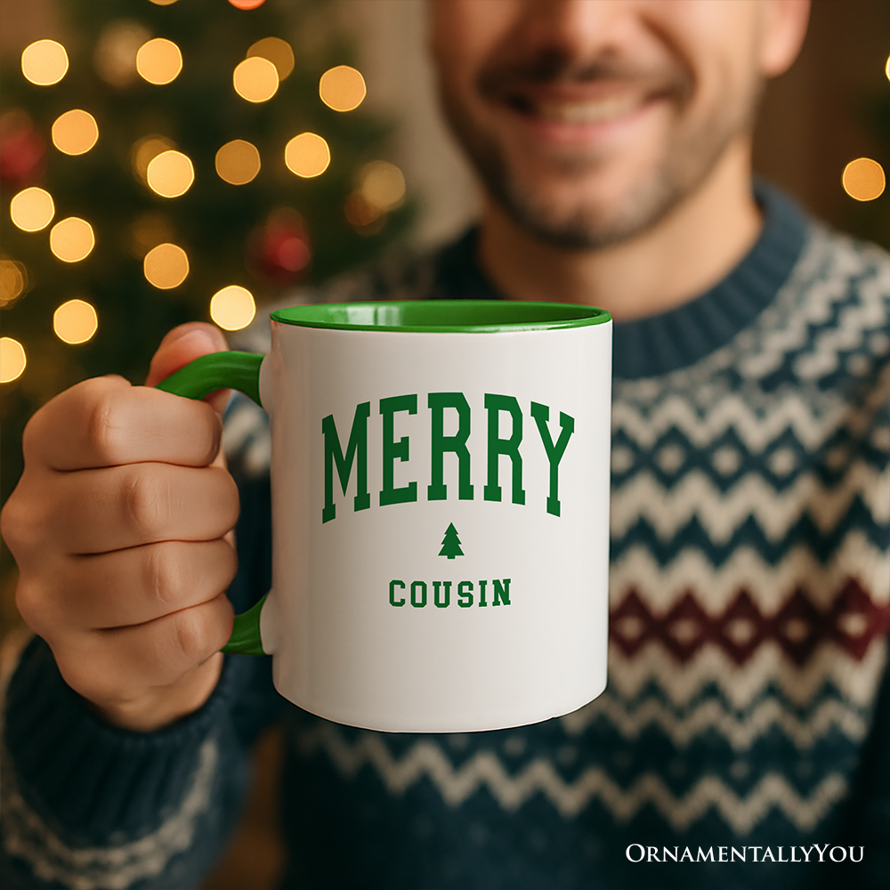 Merry Cousin Christmas Personalized Mug, Matching Family Holiday Gift with Custom Name