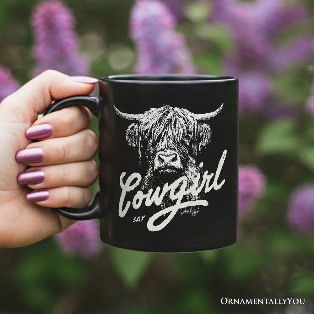 Highland Cow Vintage Cowgirl Personalized Mug, Western Country Gift with Custom Name