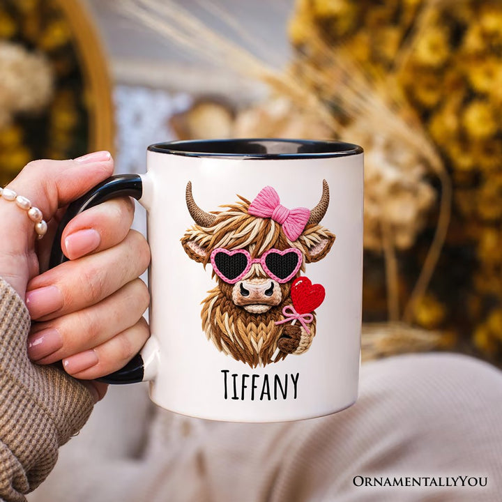 Highland Cow Faux-Yarn Valentine Personalized Mug, Cute Knit Coquette Gift with Custom Name Personalized Ceramic Mug OrnamentallyYou 
