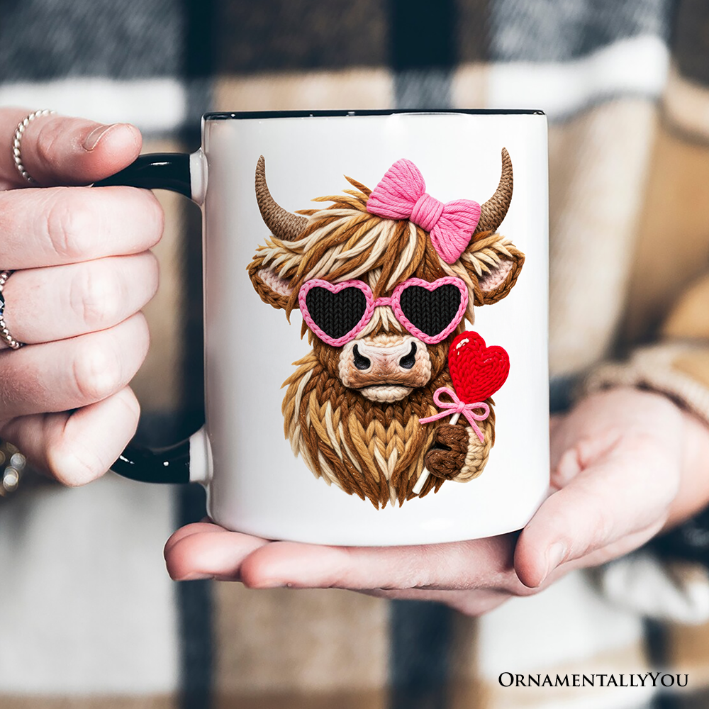Highland Cow Faux-Yarn Valentine Personalized Mug, Cute Knit Coquette Gift with Custom Name