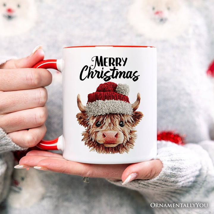 Highland Cow Santa Hat Christmas Personalized Mug, Imitation Latch Hook Yarn Cozy Gift with Custom Name Personalized Ceramic Mug OrnamentallyYou 