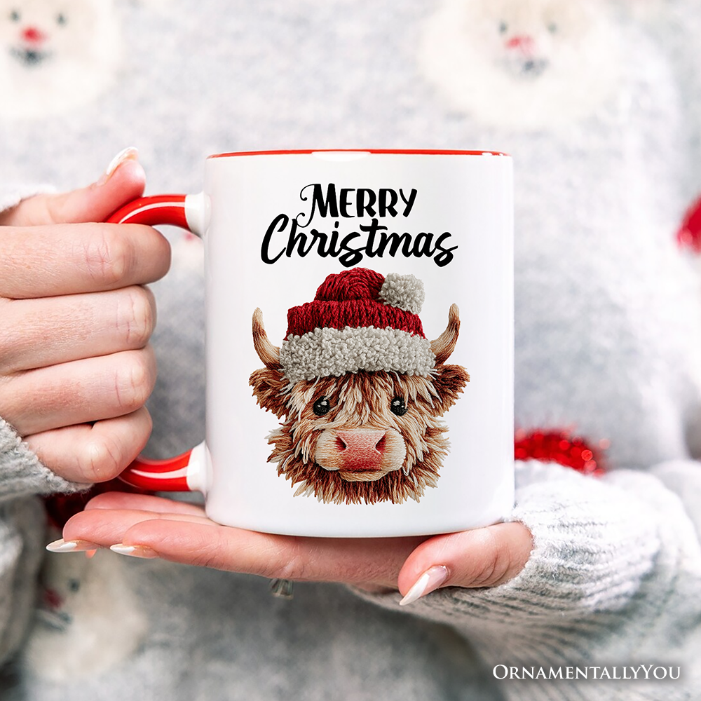 Highland Cow Santa Hat Christmas Personalized Mug, Imitation Latch Hook Yarn Cozy Gift with Custom Name