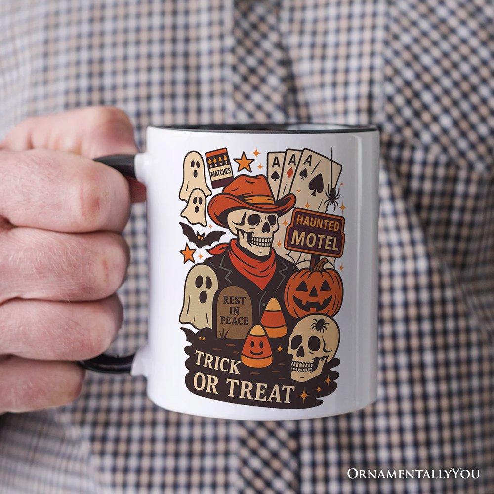 Western Halloween Skeleton Personalized Mug, Haunted Motel Trick or Treat Gift with Custom Name Personalized Ceramic Mug OrnamentallyYou 