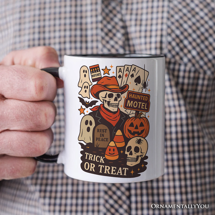 Western Halloween Skeleton Personalized Mug, Haunted Motel Trick or Treat Gift with Custom Name