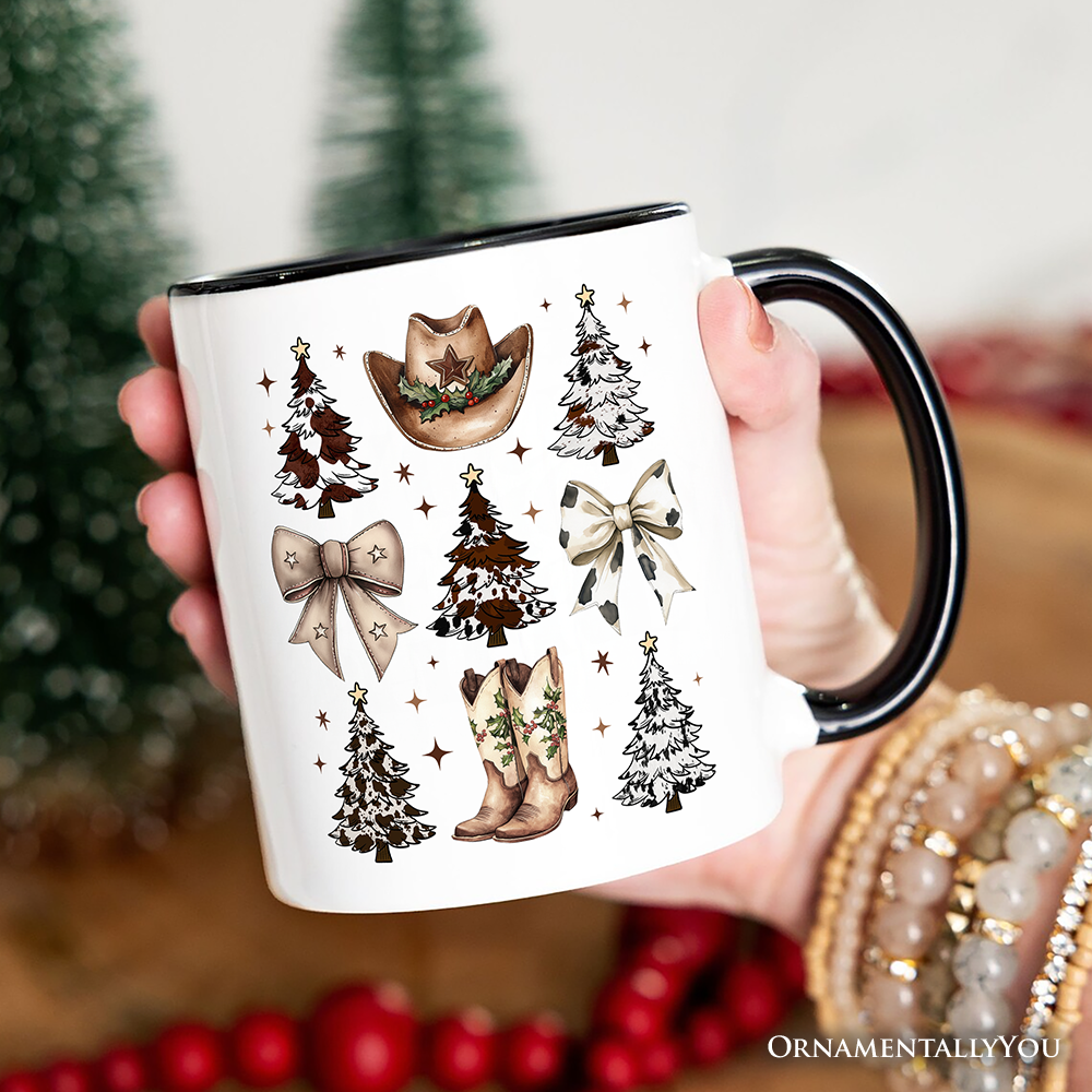 Western Christmas Coquette Tree Personalized Mug, Country Holiday Cowboy Gift with Custom Name